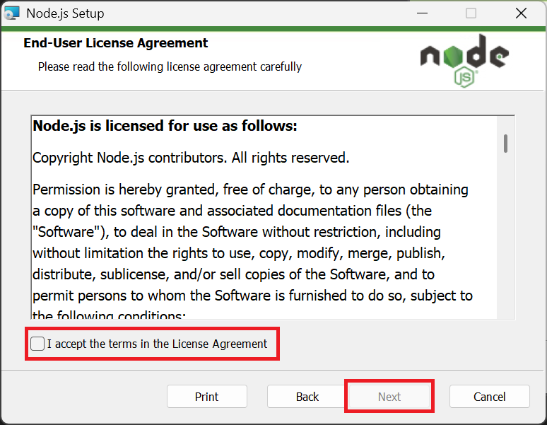Node.jsのライセンス同意画面